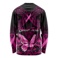 Personalised Pink Out Long Sleeve Shirt Breast Cancer Awareness Polynesian Pattern Black Version - Wonder Print Shop