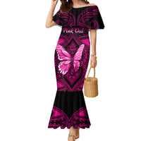 Personalised Pink Out Mermaid Dress Breast Cancer Awareness Polynesian Pattern Black Version - Wonder Print Shop