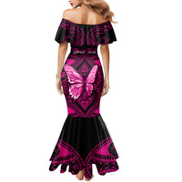 Personalised Pink Out Mermaid Dress Breast Cancer Awareness Polynesian Pattern Black Version - Wonder Print Shop