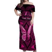 Personalised Pink Out Off Shoulder Maxi Dress Breast Cancer Awareness Polynesian Pattern Black Version - Wonder Print Shop