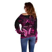 Personalised Pink Out Off Shoulder Sweater Breast Cancer Awareness Polynesian Pattern Black Version - Wonder Print Shop