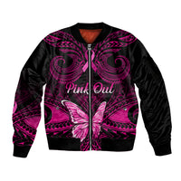 Personalised Pink Out Sleeve Zip Bomber Jacket Breast Cancer Awareness Polynesian Pattern Black Version - Wonder Print Shop