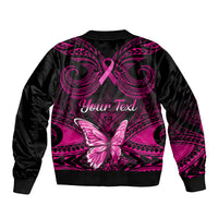 Personalised Pink Out Sleeve Zip Bomber Jacket Breast Cancer Awareness Polynesian Pattern Black Version - Wonder Print Shop