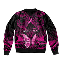 Personalised Pink Out Sleeve Zip Bomber Jacket Breast Cancer Awareness Polynesian Pattern Black Version - Wonder Print Shop