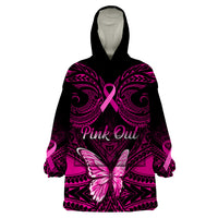 Personalised Pink Out Wearable Blanket Hoodie Breast Cancer Awareness Polynesian Pattern Black Version - Wonder Print Shop