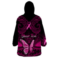 Personalised Pink Out Wearable Blanket Hoodie Breast Cancer Awareness Polynesian Pattern Black Version - Wonder Print Shop