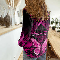 Personalised Pink Out Women Casual Shirt Breast Cancer Awareness Polynesian Pattern Black Version - Wonder Print Shop