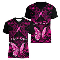 Personalised Pink Out Women V Neck T Shirt Breast Cancer Awareness Polynesian Pattern Black Version - Wonder Print Shop