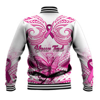 Personalised Pink Out Baseball Jacket Breast Cancer Awareness Polynesian Pattern White Version - Wonder Print Shop