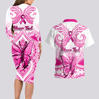 Personalised Pink Out Couples Matching Long Sleeve Bodycon Dress and Hawaiian Shirt Breast Cancer Awareness Polynesian Pattern White Version - Wonder Print Shop