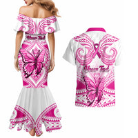Personalised Pink Out Couples Matching Mermaid Dress and Hawaiian Shirt Breast Cancer Awareness Polynesian Pattern White Version - Wonder Print Shop