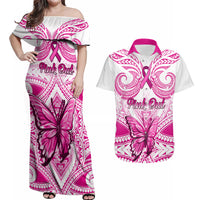 Personalised Pink Out Couples Matching Off Shoulder Maxi Dress and Hawaiian Shirt Breast Cancer Awareness Polynesian Pattern White Version - Wonder Print Shop