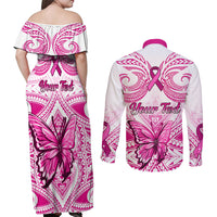 Personalised Pink Out Couples Matching Off Shoulder Maxi Dress and Long Sleeve Button Shirts Breast Cancer Awareness Polynesian Pattern White Version - Wonder Print Shop
