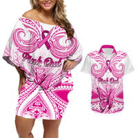 Off-shoulder pink-and-white short dress and white Hawaiian shirt with Pink Out ribbon print