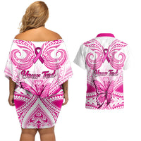 Personalised Pink Out Couples Matching Off Shoulder Short Dress and Hawaiian Shirt Breast Cancer Awareness Polynesian Pattern White Version - Wonder Print Shop