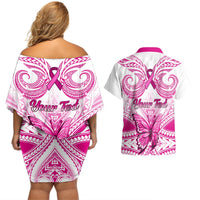 Off-shoulder short dress and Hawaiian shirt with Your Text ribbon and tribal pattern