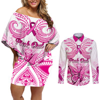 Personalised Pink Out Couples Matching Off Shoulder Short Dress and Long Sleeve Button Shirts Breast Cancer Awareness Polynesian Pattern White Version - Wonder Print Shop