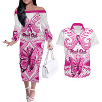 Personalised Pink Out Couples Matching Off The Shoulder Long Sleeve Dress and Hawaiian Shirt Breast Cancer Awareness Polynesian Pattern White Version - Wonder Print Shop
