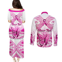 Personalised Pink Out Couples Matching Puletasi Dress and Long Sleeve Button Shirts Breast Cancer Awareness Polynesian Pattern White Version - Wonder Print Shop