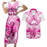 Personalised Pink Out Couples Matching Short Sleeve Bodycon Dress and Hawaiian Shirt Breast Cancer Awareness Polynesian Pattern White Version - Wonder Print Shop