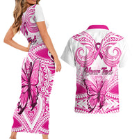 Personalised Pink Out Couples Matching Short Sleeve Bodycon Dress and Hawaiian Shirt Breast Cancer Awareness Polynesian Pattern White Version - Wonder Print Shop