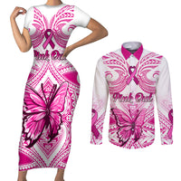 Personalised Pink Out Couples Matching Short Sleeve Bodycon Dress and Long Sleeve Button Shirts Breast Cancer Awareness Polynesian Pattern White Version - Wonder Print Shop