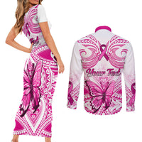 Personalised Pink Out Couples Matching Short Sleeve Bodycon Dress and Long Sleeve Button Shirts Breast Cancer Awareness Polynesian Pattern White Version - Wonder Print Shop