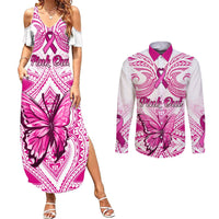 Personalised Pink Out Couples Matching Summer Maxi Dress and Long Sleeve Button Shirts Breast Cancer Awareness Polynesian Pattern White Version - Wonder Print Shop