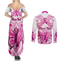 Personalised Pink Out Couples Matching Summer Maxi Dress and Long Sleeve Button Shirts Breast Cancer Awareness Polynesian Pattern White Version - Wonder Print Shop