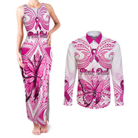 Personalised Pink Out Couples Matching Tank Maxi Dress and Long Sleeve Button Shirts Breast Cancer Awareness Polynesian Pattern White Version - Wonder Print Shop
