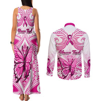 Personalised Pink Out Couples Matching Tank Maxi Dress and Long Sleeve Button Shirts Breast Cancer Awareness Polynesian Pattern White Version - Wonder Print Shop