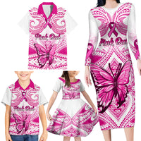 Personalised Pink Out Family Matching Long Sleeve Bodycon Dress and Hawaiian Shirt Breast Cancer Awareness Polynesian Pattern White Version - Wonder Print Shop