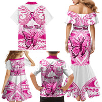Personalised Pink Out Family Matching Mermaid Dress and Hawaiian Shirt Breast Cancer Awareness Polynesian Pattern White Version - Wonder Print Shop