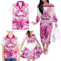 Personalised Pink Out Family Matching Off Shoulder Long Sleeve Dress and Hawaiian Shirt Breast Cancer Awareness Polynesian Pattern White Version - Wonder Print Shop