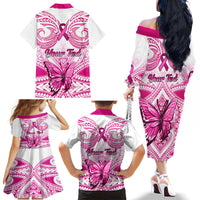 Personalised Pink Out Family Matching Off Shoulder Long Sleeve Dress and Hawaiian Shirt Breast Cancer Awareness Polynesian Pattern White Version - Wonder Print Shop