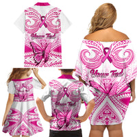 Personalised Pink Out Family Matching Off Shoulder Short Dress and Hawaiian Shirt Breast Cancer Awareness Polynesian Pattern White Version - Wonder Print Shop
