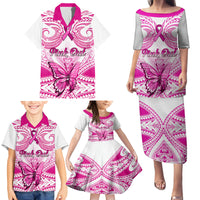 Personalised Pink Out Family Matching Puletasi Dress and Hawaiian Shirt Breast Cancer Awareness Polynesian Pattern White Version - Wonder Print Shop