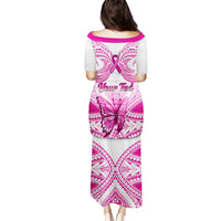 Personalised Pink Out Family Matching Puletasi Dress and Hawaiian Shirt Breast Cancer Awareness Polynesian Pattern White Version - Wonder Print Shop