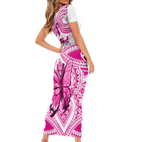 Personalised Pink Out Family Matching Short Sleeve Bodycon Dress and Hawaiian Shirt Breast Cancer Awareness Polynesian Pattern White Version - Wonder Print Shop