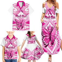 Personalised Pink Out Family Matching Summer Maxi Dress and Hawaiian Shirt Breast Cancer Awareness Polynesian Pattern White Version - Wonder Print Shop
