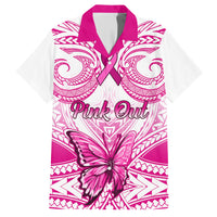 Pink-and-white Hawaiian button-up shirt with pink floral, tribal pattern, and “Pink Out”