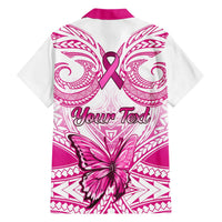 Pink-and-white Hawaiian button-up shirt with tribal pattern, butterfly graphic, and “Your Text”