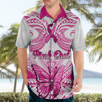 Pink-and-white Hawaiian button-up shirt with short sleeves, “Pink Out” print, and floral pattern