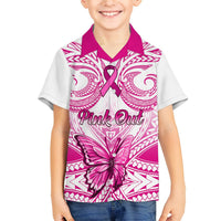 Kids pink-and-white Hawaiian button-up shirt with collar and “Pink Out” tribal floral print