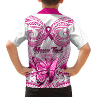 Pink-and-white Hawaiian button-up shirt back view with “Your Text” and tribal butterfly pattern