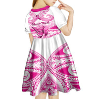 Personalised Pink Out Kid Short Sleeve Dress Breast Cancer Awareness Polynesian Pattern White Version - Wonder Print Shop
