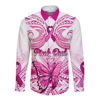 Personalised Pink Out Long Sleeve Button Shirt Breast Cancer Awareness Polynesian Pattern White Version - Wonder Print Shop