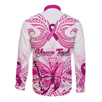 Personalised Pink Out Long Sleeve Button Shirt Breast Cancer Awareness Polynesian Pattern White Version - Wonder Print Shop