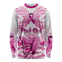 Personalised Pink Out Long Sleeve Shirt Breast Cancer Awareness Polynesian Pattern White Version - Wonder Print Shop