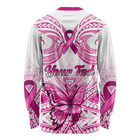 Personalised Pink Out Long Sleeve Shirt Breast Cancer Awareness Polynesian Pattern White Version - Wonder Print Shop